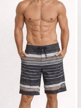 Hawke & Co Black, Gray and Orange Striped Men's Swim Board Shorts